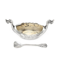 Theodor Olsens Norwegian Sterling Viking Ship Salt Cellar W/ Glass Liner & Spoon