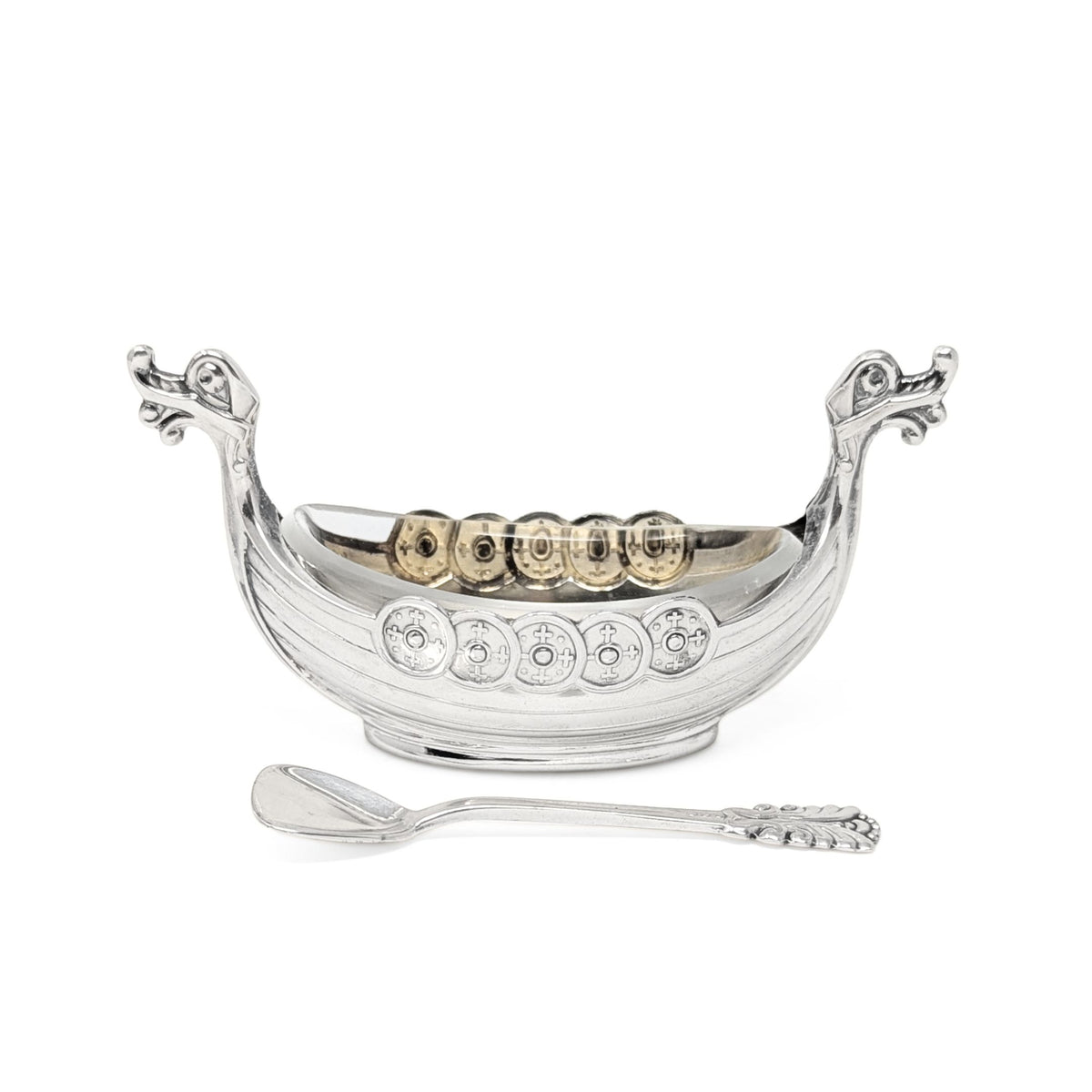 Theodor Olsens Norwegian Sterling Viking Ship Salt Cellar W/ Glass Liner & Spoon