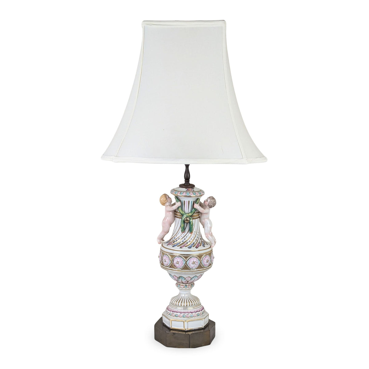 Antique 1920s Porcelain 30" Cherub Table Lamp, Brass Base, Putti Finial