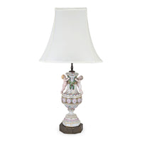 Antique 1920s Porcelain 30" Cherub Table Lamp, Brass Base, Putti Finial