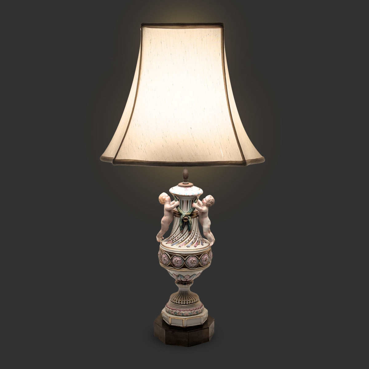 Antique 1920s Porcelain 30" Cherub Table Lamp, Brass Base, Putti Finial