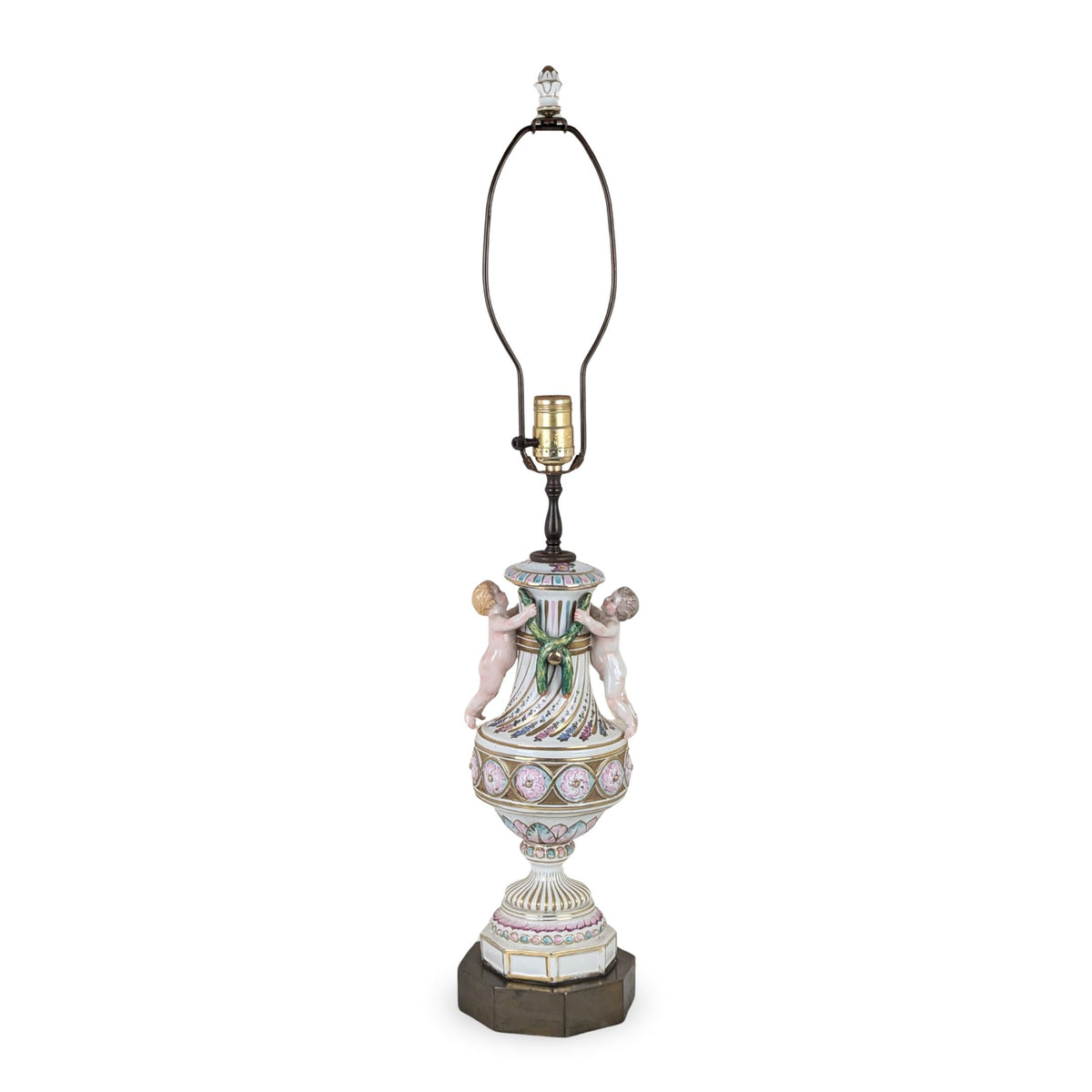 Antique 1920s Porcelain 30" Cherub Table Lamp, Brass Base, Putti Finial