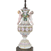 Antique 1920s Porcelain 30" Cherub Table Lamp, Brass Base, Putti Finial