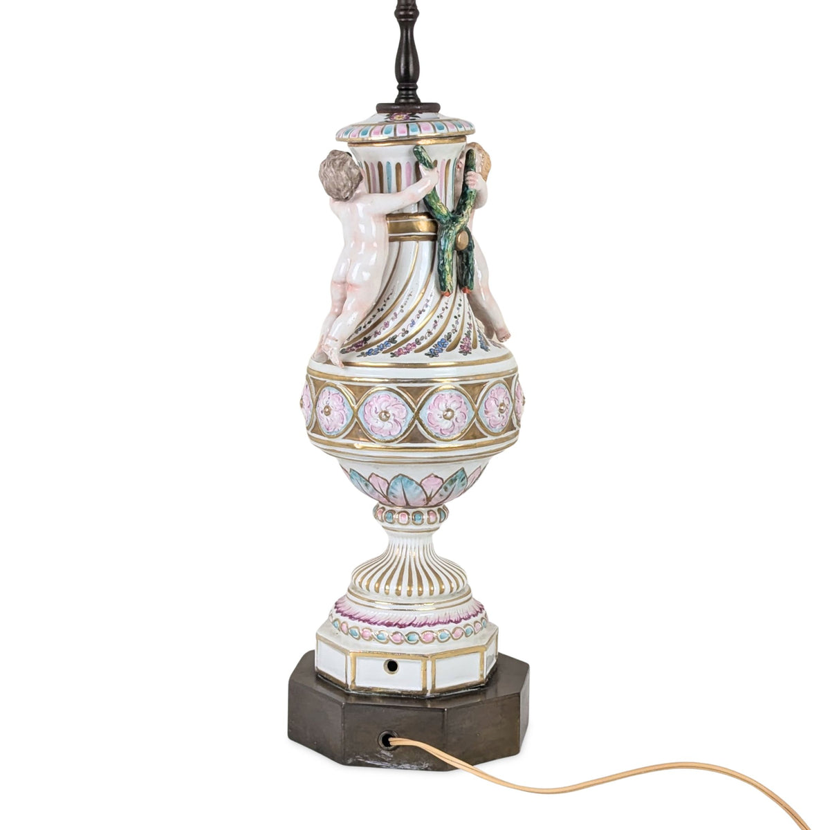 Antique 1920s Porcelain 30" Cherub Table Lamp, Brass Base, Putti Finial