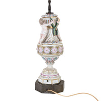 Antique 1920s Porcelain 30" Cherub Table Lamp, Brass Base, Putti Finial