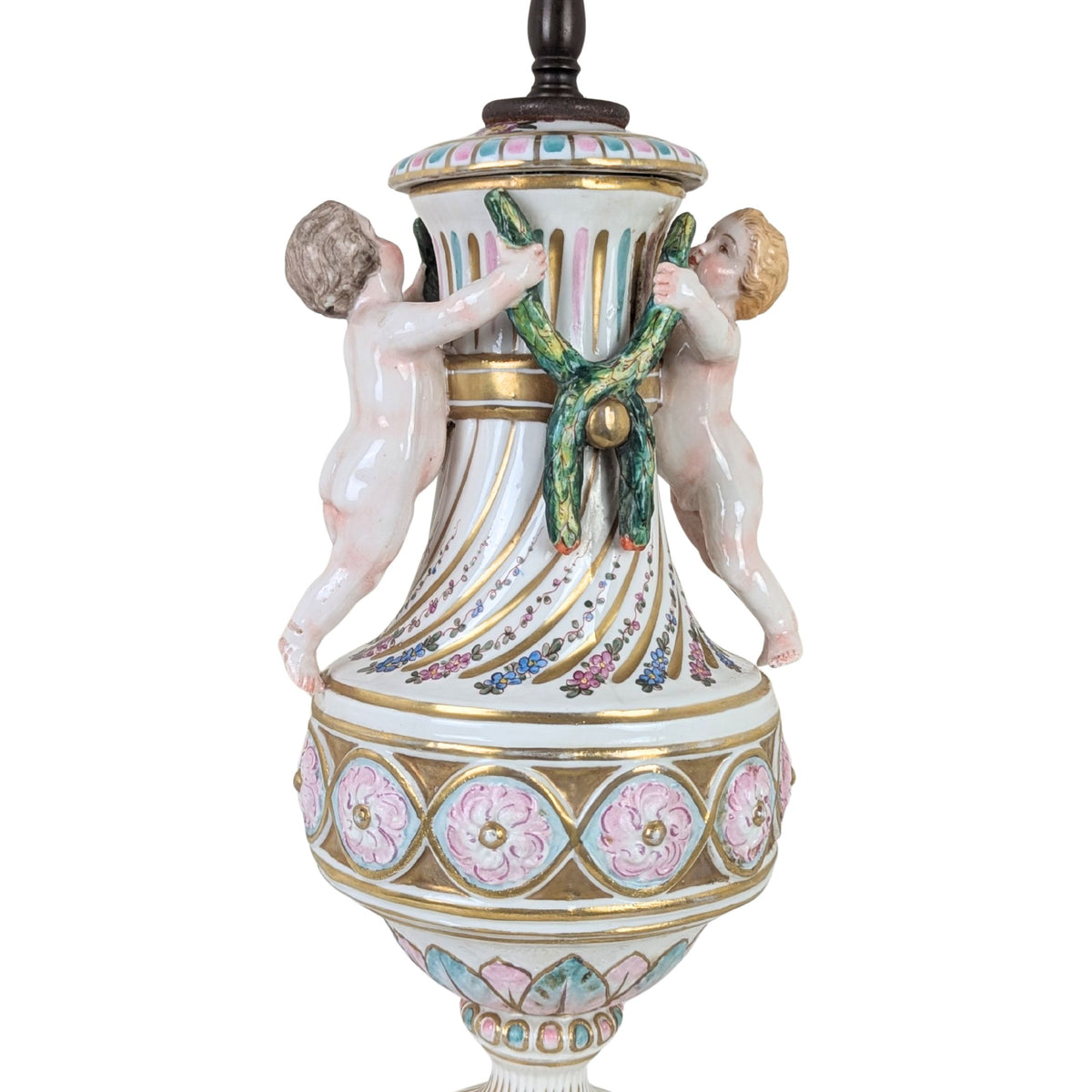 Antique 1920s Porcelain 30" Cherub Table Lamp, Brass Base, Putti Finial