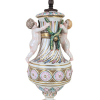 Antique 1920s Porcelain 30" Cherub Table Lamp, Brass Base, Putti Finial