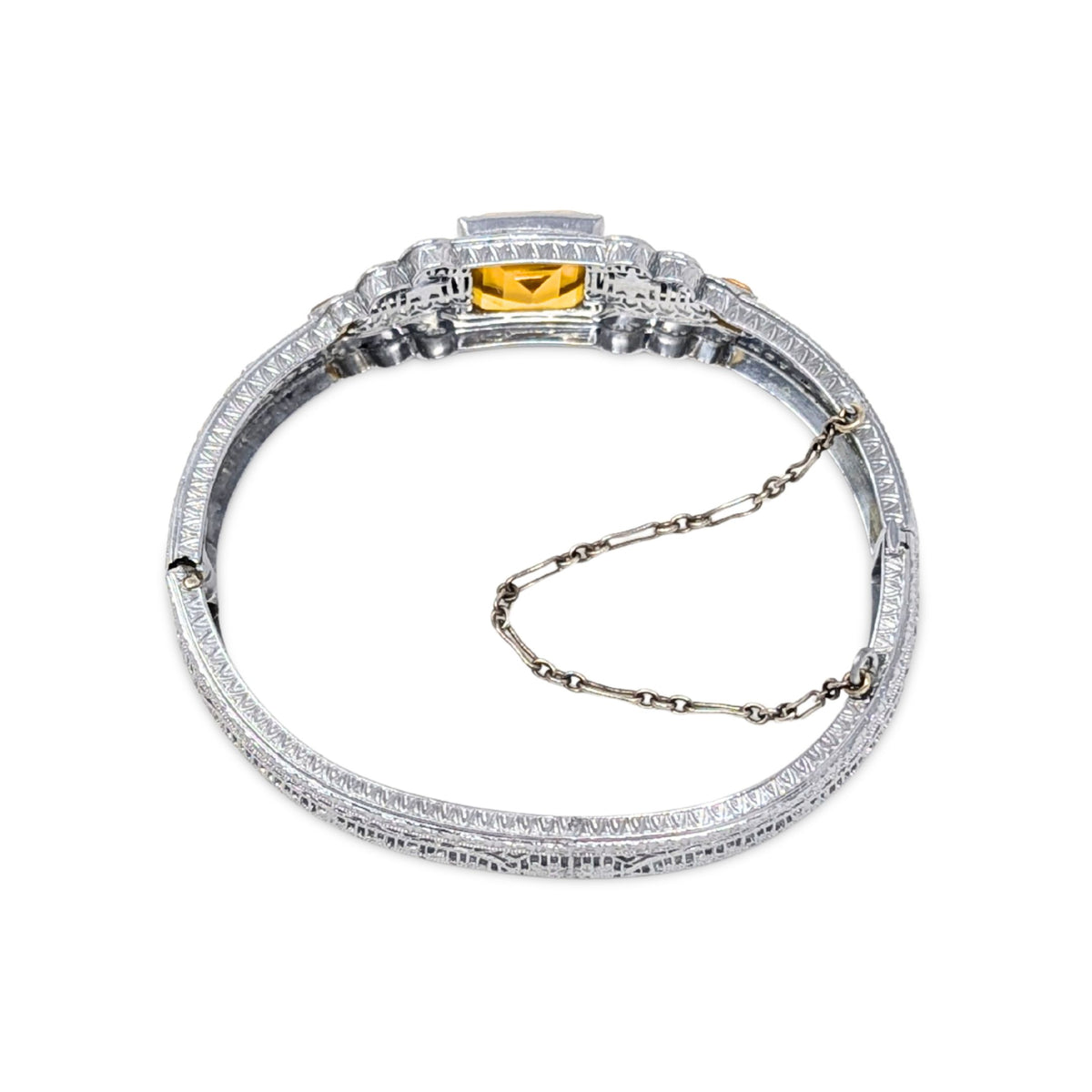 Antique 1920s Art Deco German Silver Filigree Amber Glass Bangle Bracelet
