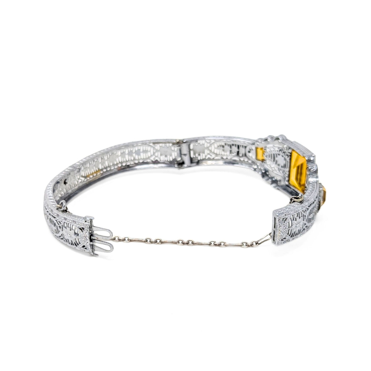 Antique 1920s Art Deco German Silver Filigree Amber Glass Bangle Bracelet