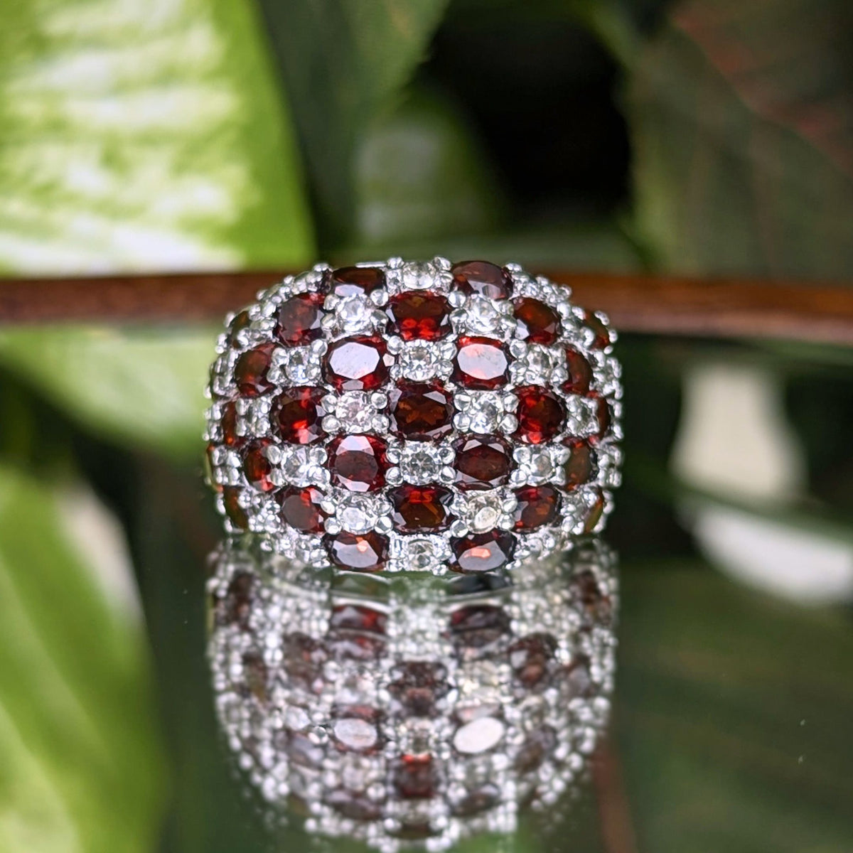 Fuzion Creations Sterling Silver Garnet & White Topaz Dome Ring - Size 7,  9.1g