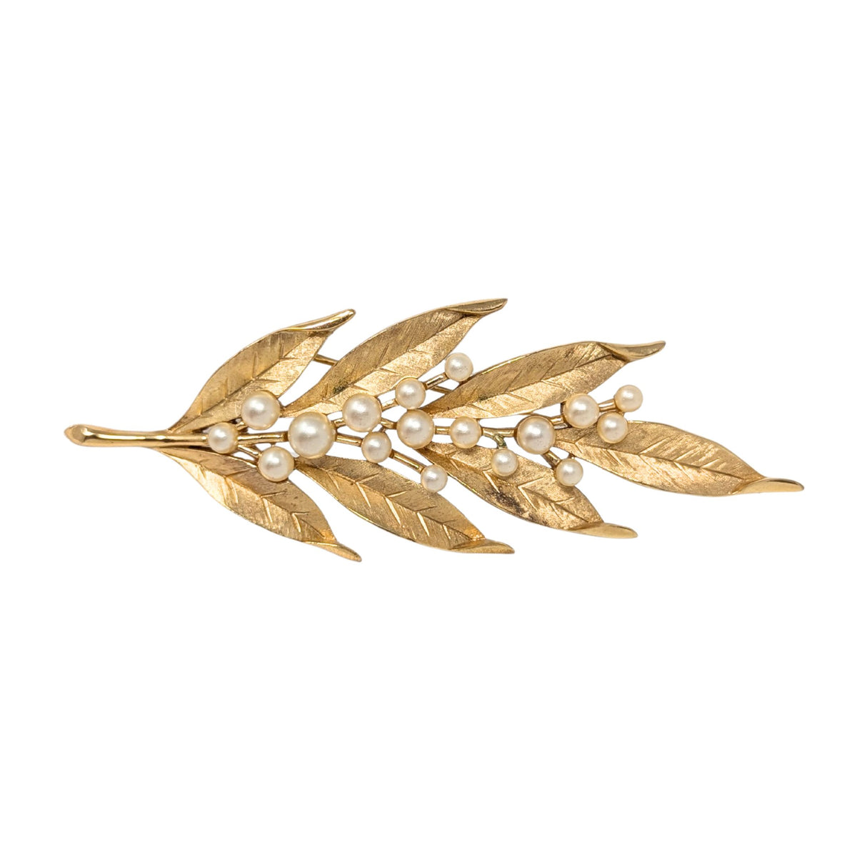Vintage Crown Trifari Faux Pearl Gold Leaf Branch Spray Brooch/Pin, 4"