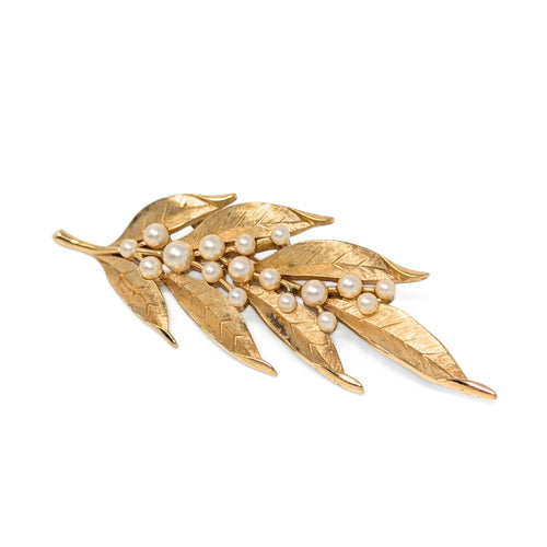 Vintage Crown Trifari Faux Pearl Gold Leaf Branch Spray Brooch/Pin, 4"