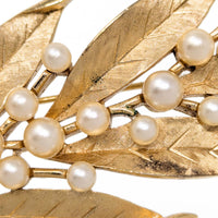 Vintage Crown Trifari Faux Pearl Gold Leaf Branch Spray Brooch/Pin, 4"
