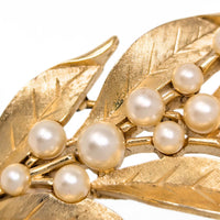 Vintage Crown Trifari Faux Pearl Gold Leaf Branch Spray Brooch/Pin, 4"