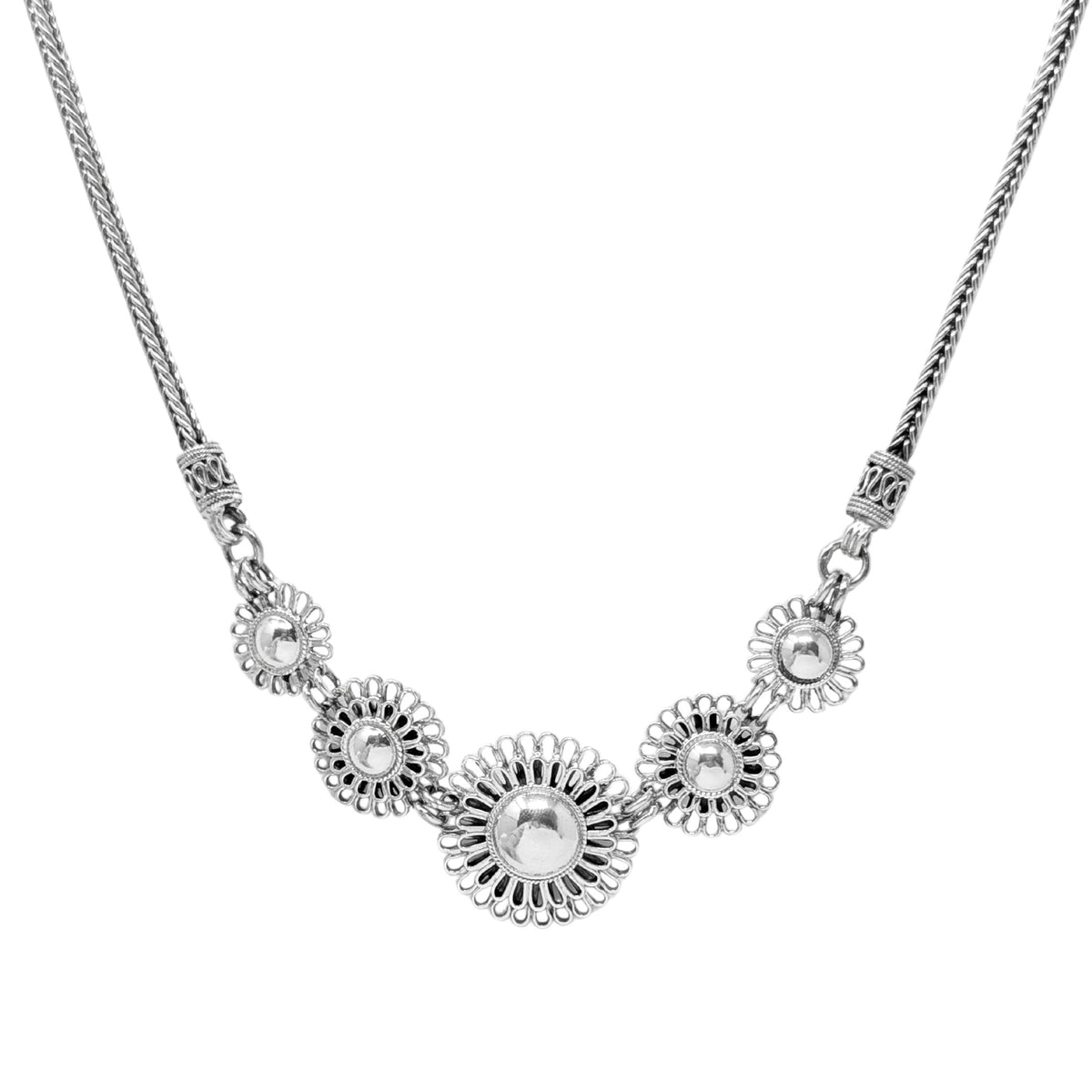 Vintage Solid Sterling Silver Filigree Flower Bib Necklace 19.75", 60.0g