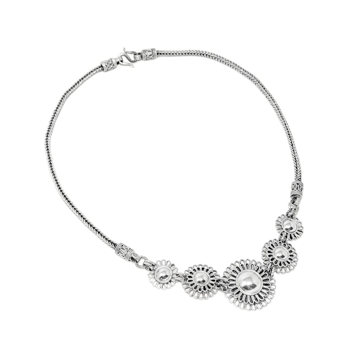 Vintage Solid Sterling Silver Filigree Flower Bib Necklace 19.75", 60.0g
