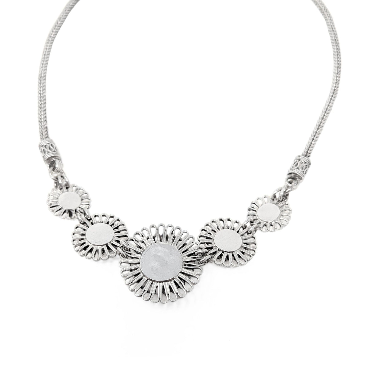 Vintage Solid Sterling Silver Filigree Flower Bib Necklace 19.75", 60.0g