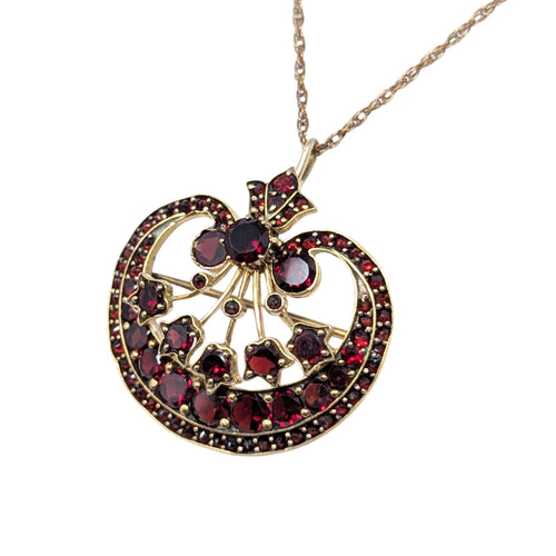 Vintage 12K Gold-Filled Garnet Pomegranate Pendant Brooch Necklace, 25"