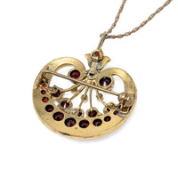 Vintage 12K Gold-Filled Garnet Pomegranate Pendant Brooch Necklace, 25"