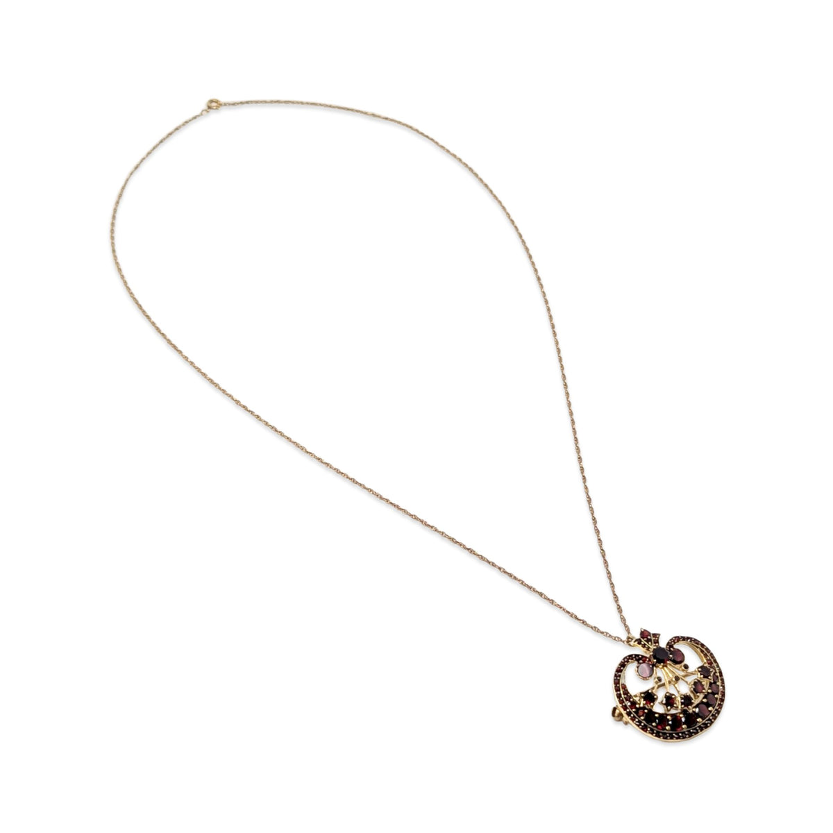 Vintage 12K Gold-Filled Garnet Pomegranate Pendant Brooch Necklace, 25"