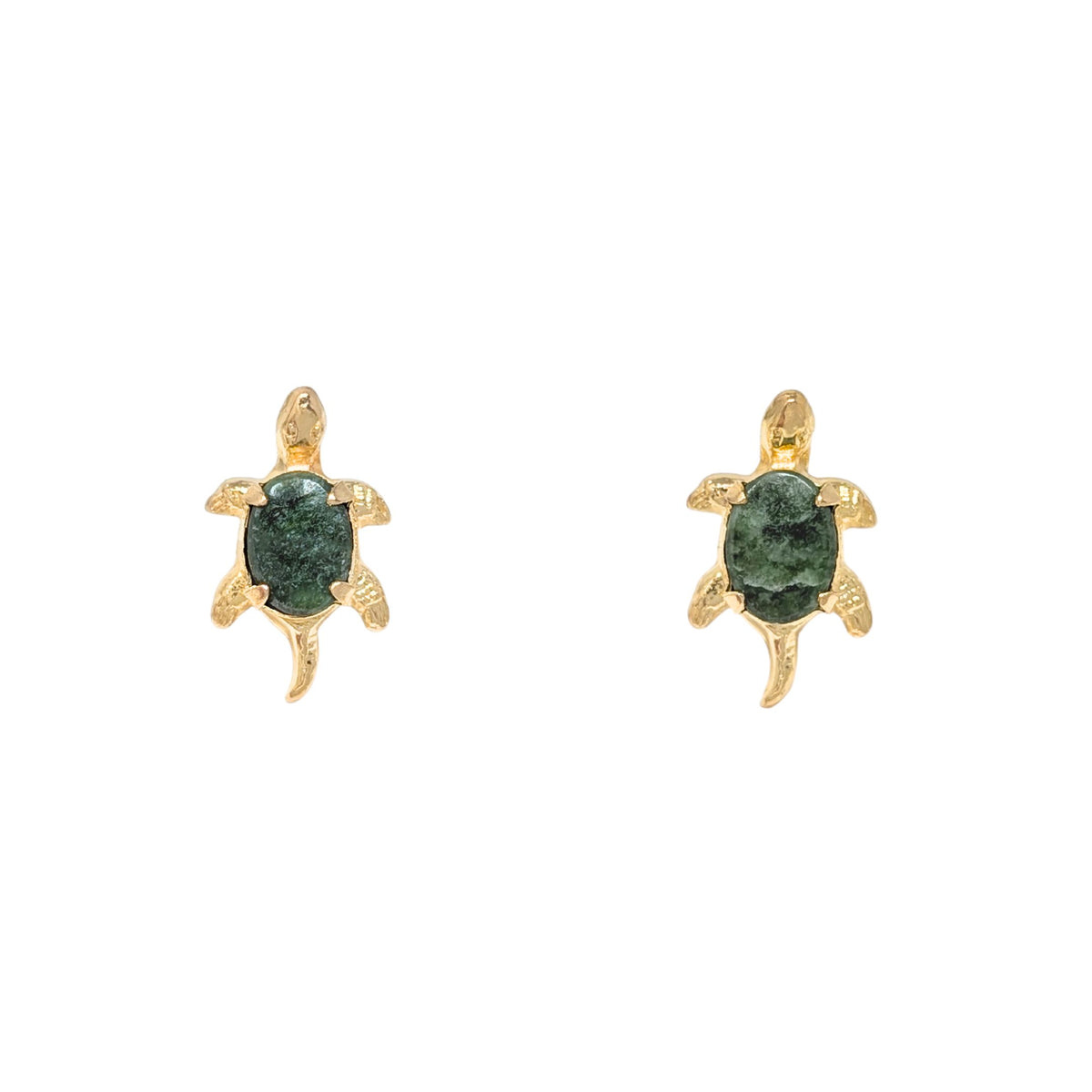 Vintage 14K Gold Green Jade Sea Turtle Stud Earrings, 15mm