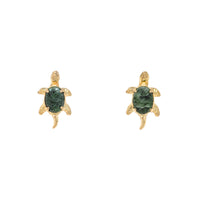 Vintage 14K Gold Green Jade Sea Turtle Stud Earrings, 15mm