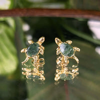 Vintage 14K Gold Green Jade Sea Turtle Stud Earrings, 15mm