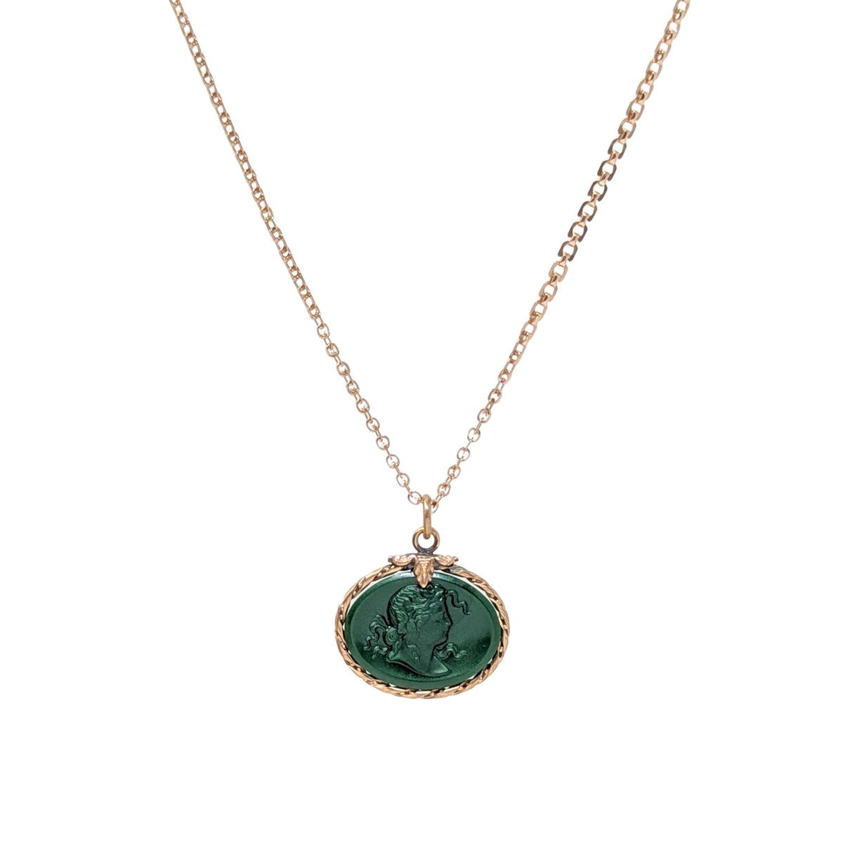 Antique Victorian Gold-Filled Green Aventurine Quartz Cameo Fob Necklace, 20”