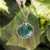 Antique Victorian Gold-Filled Green Aventurine Quartz Cameo Fob Necklace, 20”