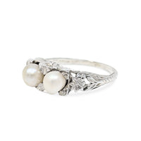 Antique Art Deco 18K White Gold Toi et Moi Double Pearl Filigree Ring - Size 6 1/8