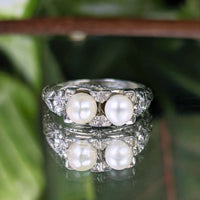 Antique Art Deco 18K White Gold Toi et Moi Double Pearl Filigree Ring - Size 6 1/8