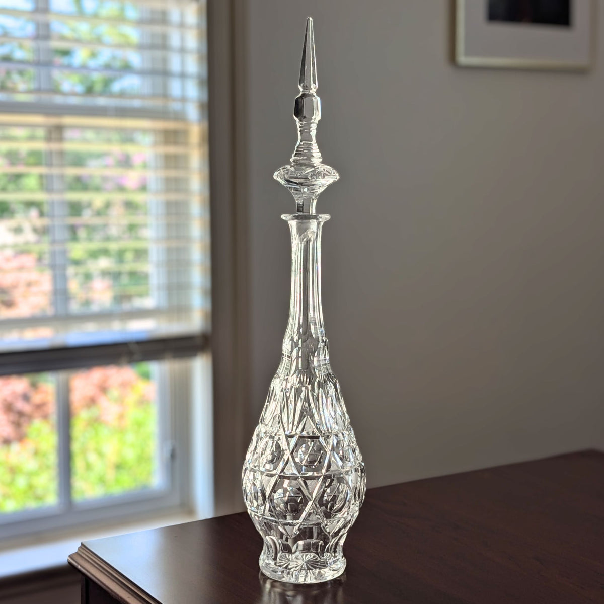 Vintage 1970s Beyer 24" Hand Cut Lead Crystal Decanter with Tall Spire Stopper