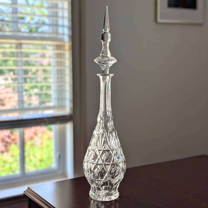 Vintage 1970s Beyer 24" Hand Cut Lead Crystal Decanter with Tall Spire Stopper