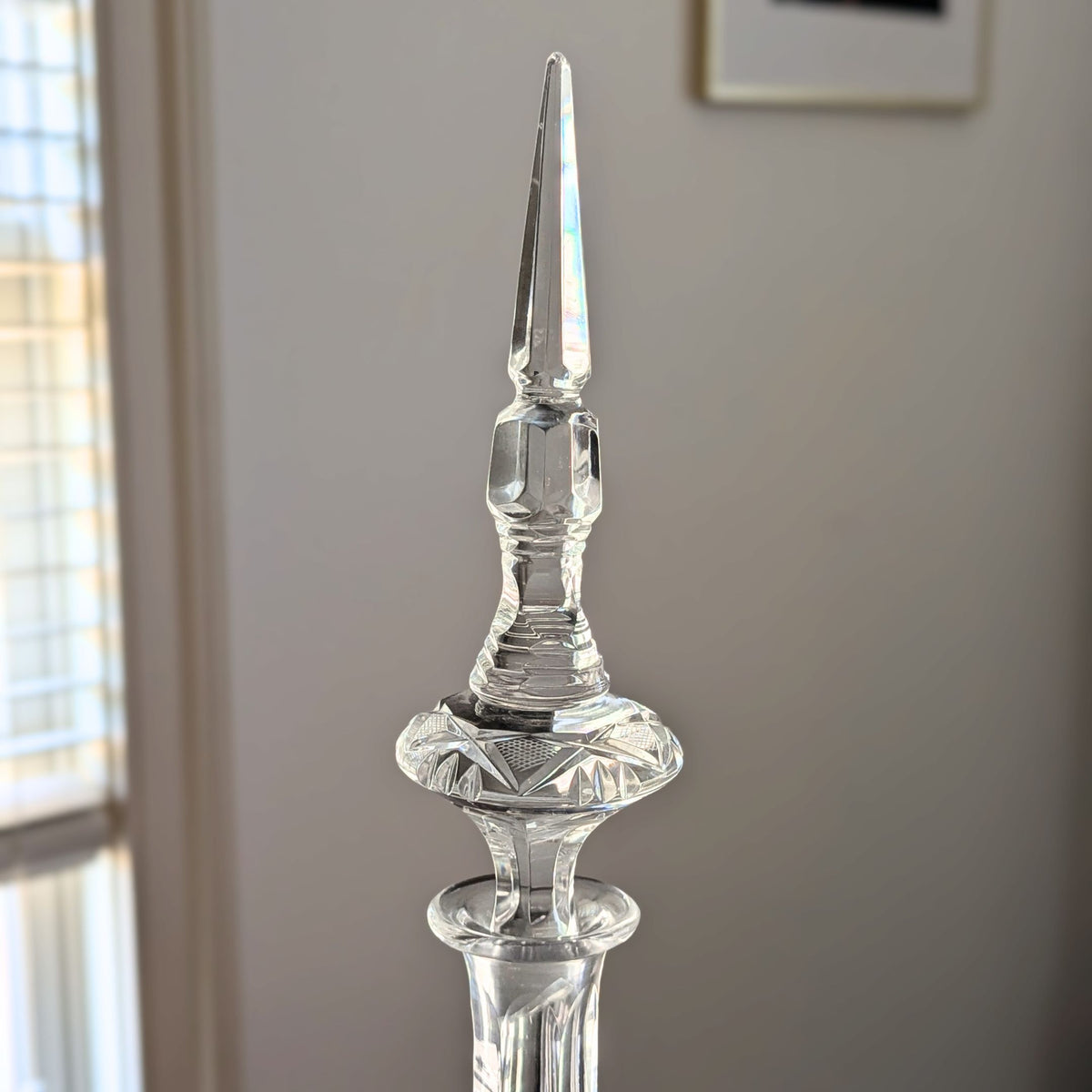 Vintage 1970s Beyer 24" Hand Cut Lead Crystal Decanter with Tall Spire Stopper