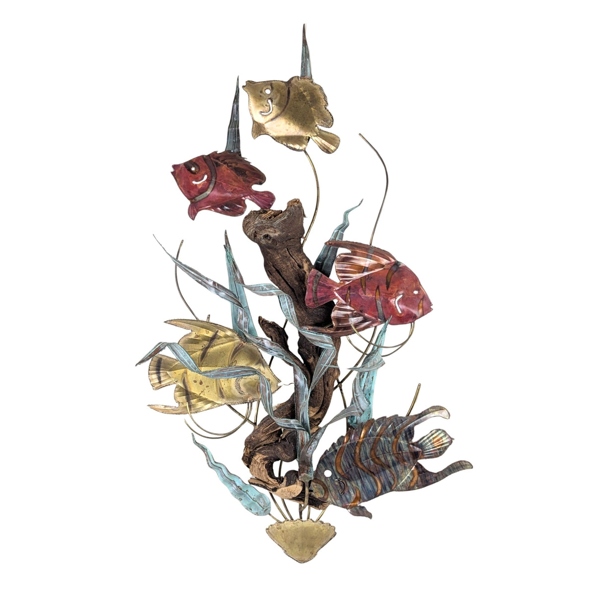 Vintage Ron Bertocchi Mixed Metal Fish Driftwood Wall Art (19" x 32")