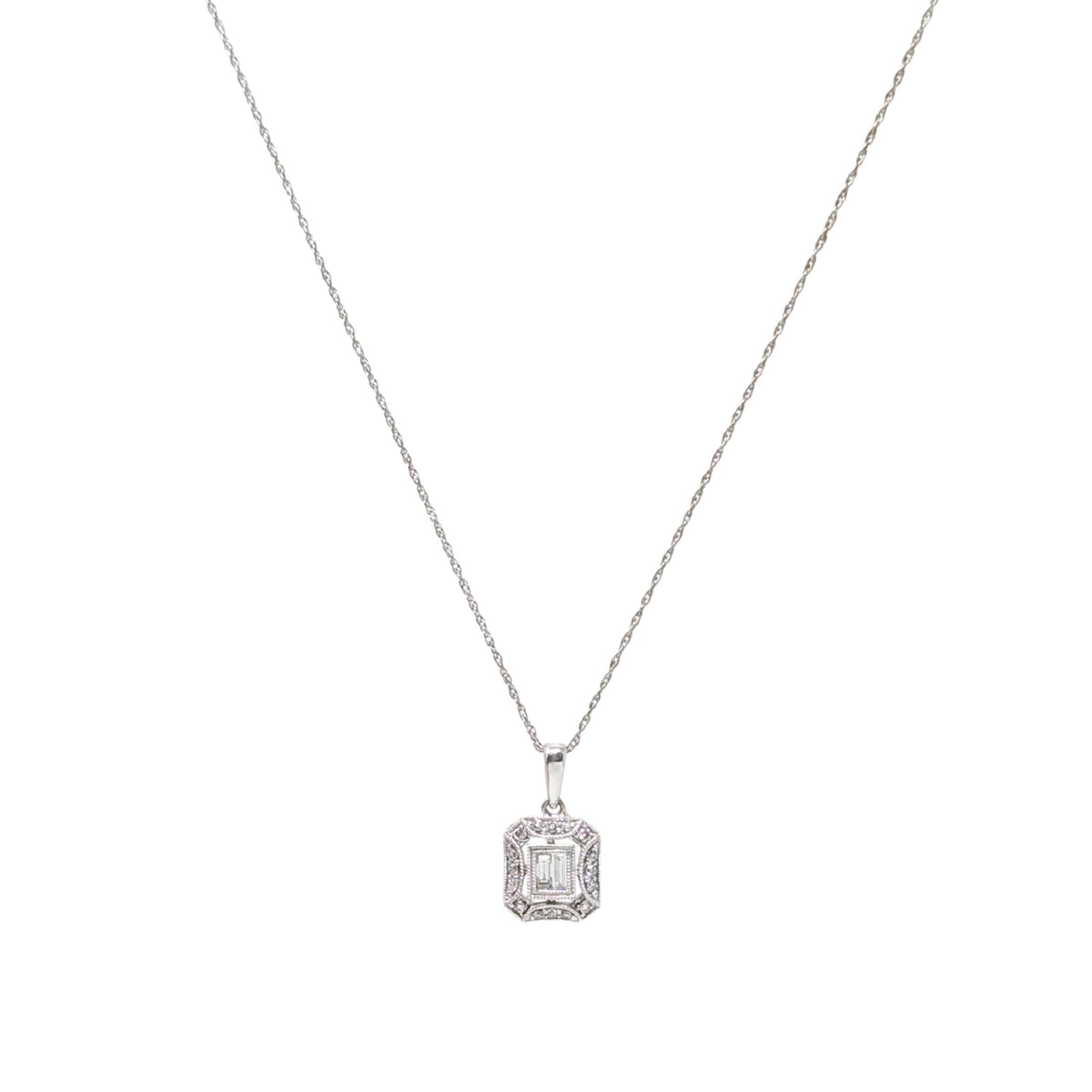 14K/10K WG 0.17TCW Diamond Art Deco Style Illusion Pendant Necklace 18.75"