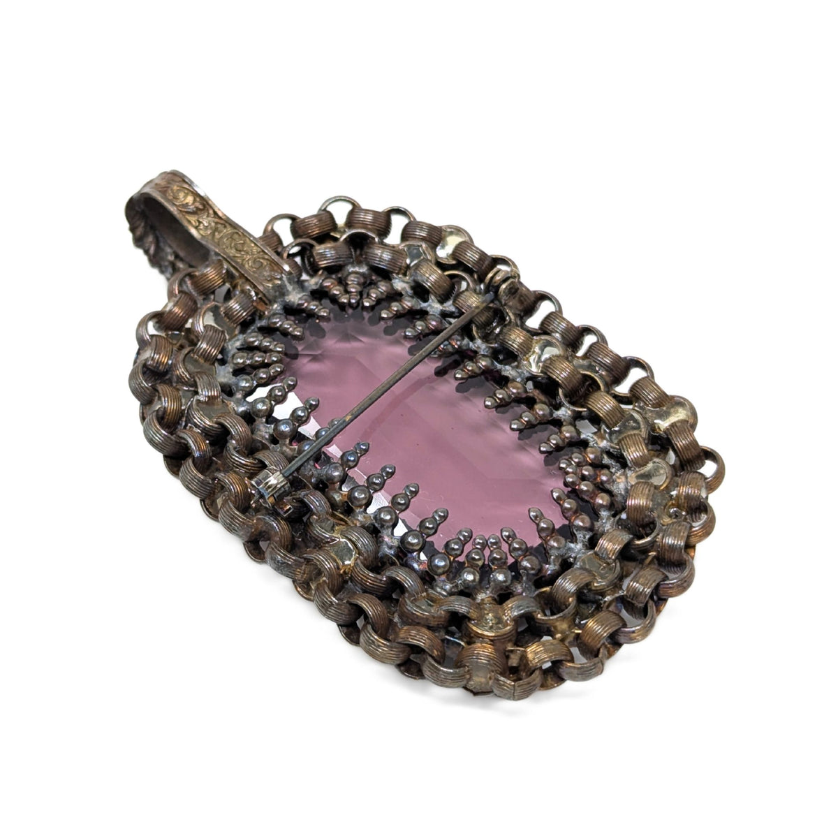 Antique Czech Austro-Hungarian 3.25" Brass & Amethyst Glass Brooch/Pendant