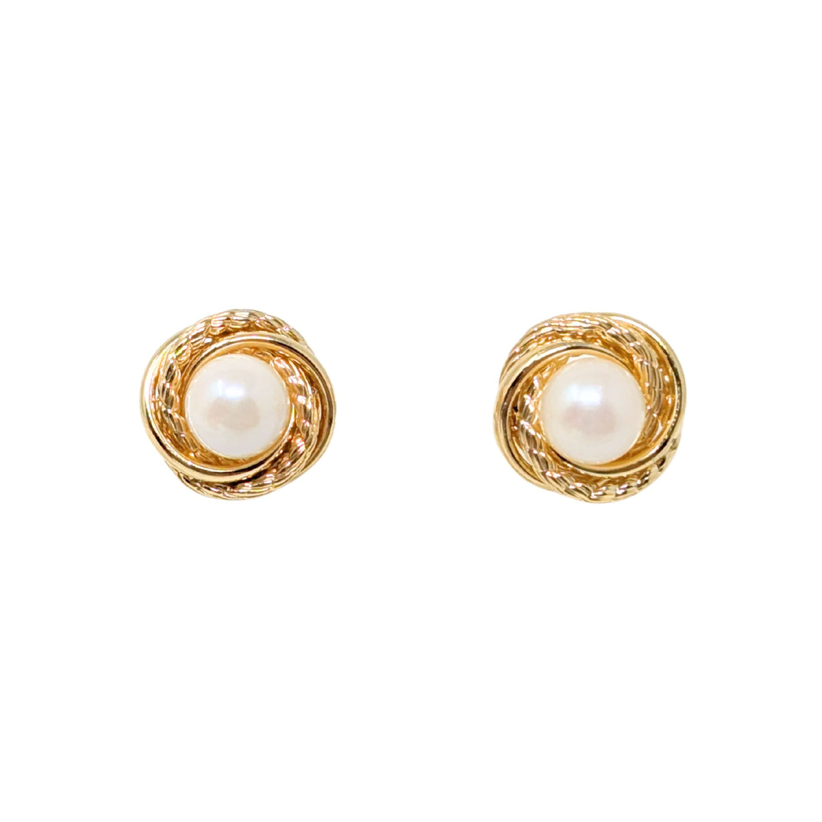 Vintage 14K Yellow Gold Love Knot Cultured Pearl 11.7mm Stud Earrings, 2.7g