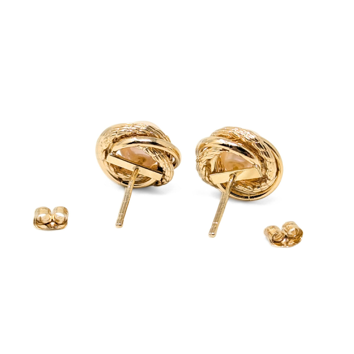 Vintage 14K Yellow Gold Love Knot Cultured Pearl 11.7mm Stud Earrings, 2.7g