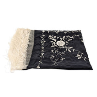 Vintage Black Silk Piano Shawl Hand Embroidered Mantón de Manila Mint 29"x29"