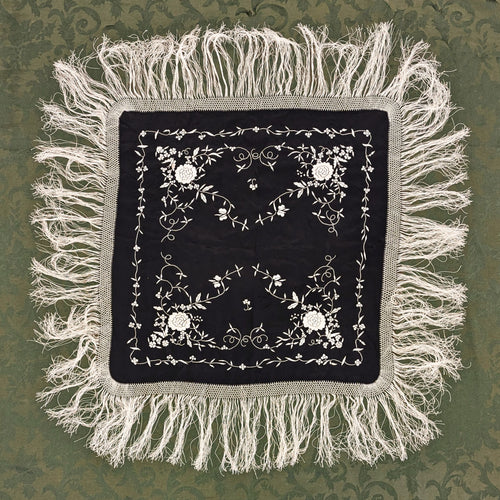 Vintage Black Silk Piano Shawl Hand Embroidered Mantón de Manila, 29"x29"