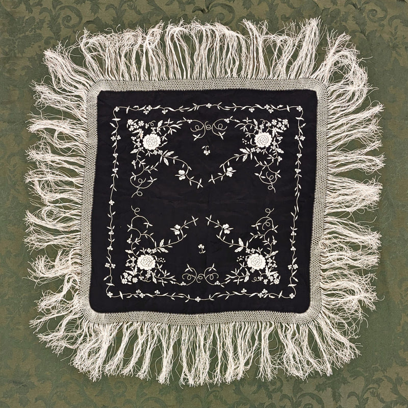 Vintage Black Silk Piano Shawl Hand Embroidered Mantón de Manila, 29"x29"