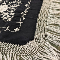Vintage Black Silk Piano Shawl Hand Embroidered Mantón de Manila Mint 29"x29"