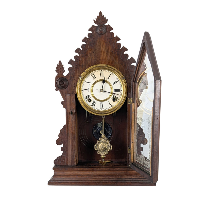 Antique 1881 E. Ingraham "Cadet" Walnut Parlor Mantel Clock - 8 Day - Running