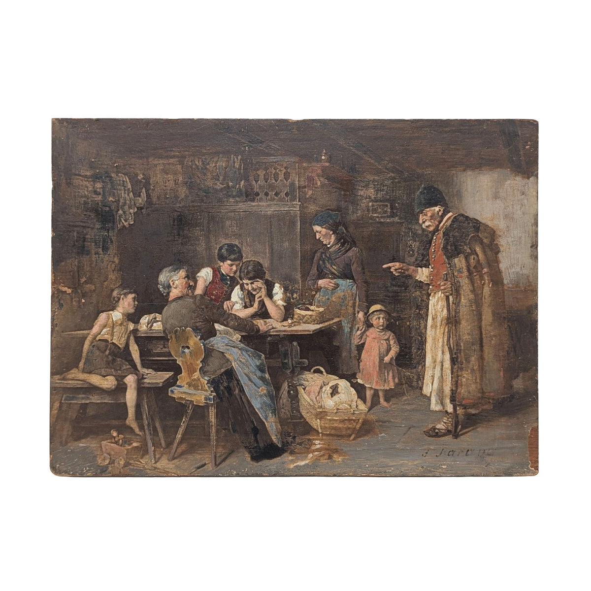 Antique 19th c. Bohemian Overpainted Lithograph on Board
