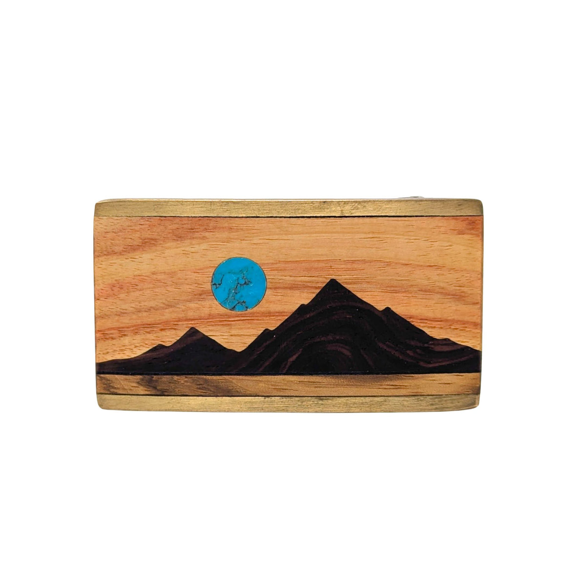 Vintage Kenneth Reid Brass Wood & Turquoise Inlay Belt Buckle, Mountain/Moon