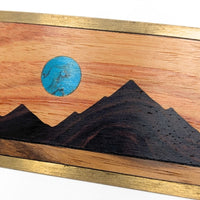 Vintage Kenneth Reid Brass Wood & Turquoise Inlay Belt Buckle, Mountain/Moon