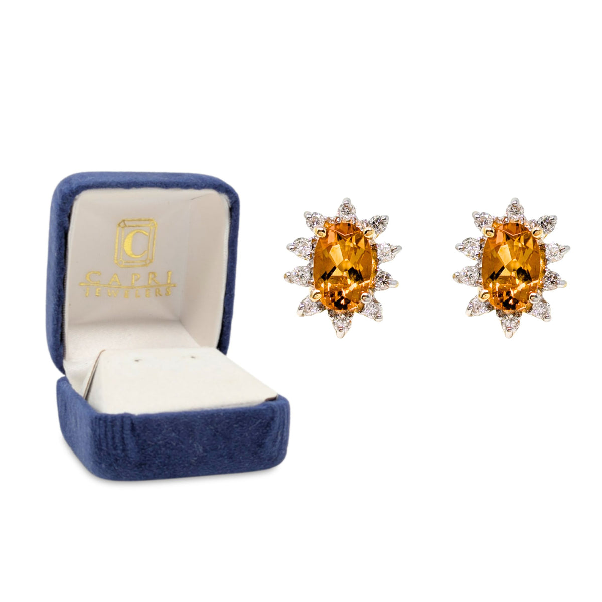 14K White Gold Honey Citrine Diamond Halo Stud Earrings Capri Jewelers Box