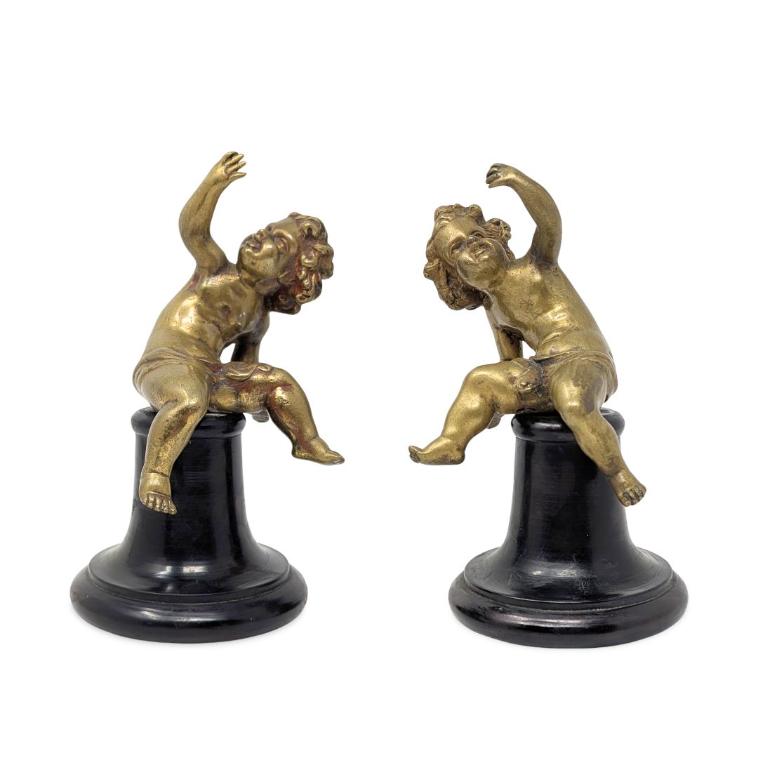 Antique Pair of 7.5" Gilt Bronze Putti/Cherub Statues on Original Wood Bases