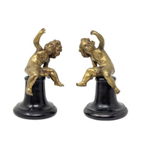Antique Pair of 7.5" Gilt Bronze Putti/Cherub Statues on Original Wood Bases